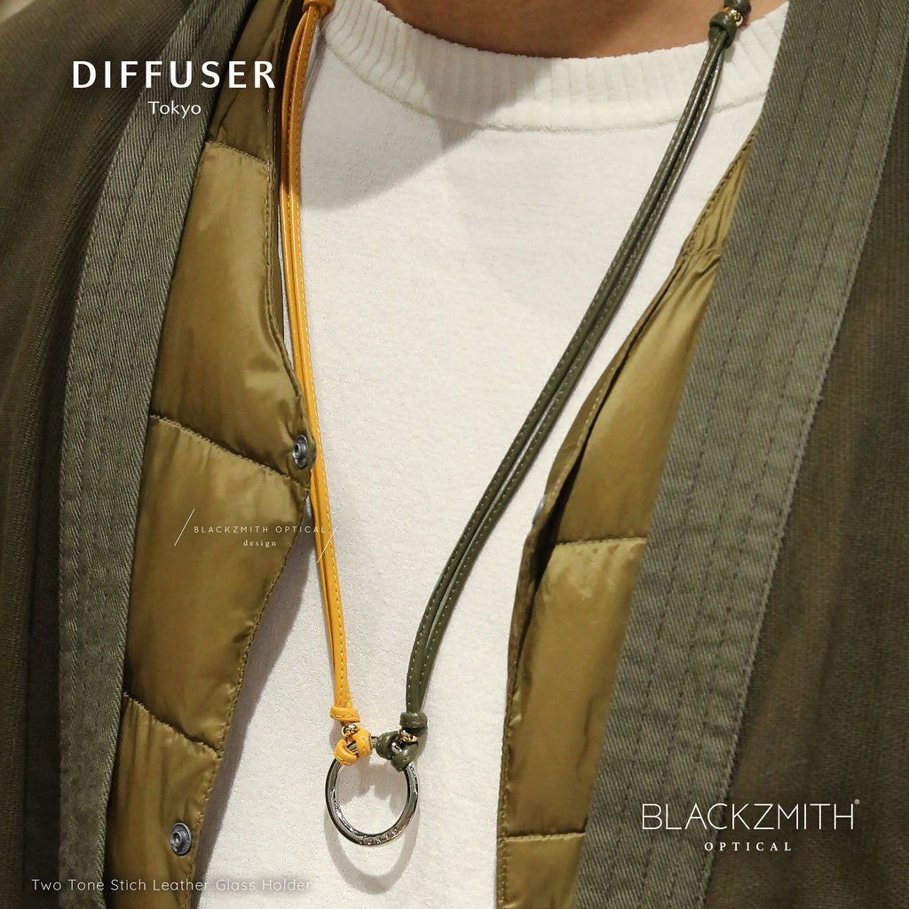Diffuser Tokyo - Two Tone Stich Leather Glass Holder 金屬圈雙色皮革眼鏡繩 Khaki & Yellow【Blackzmith Exclusive Limited Edition】